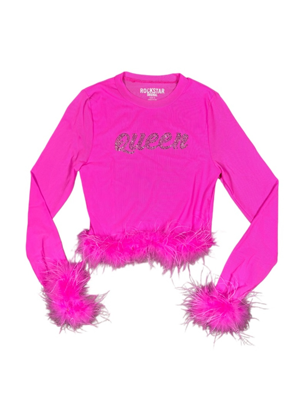 Hot Pink 'Queen' Long-Sleeve Feather Trim Mesh Top